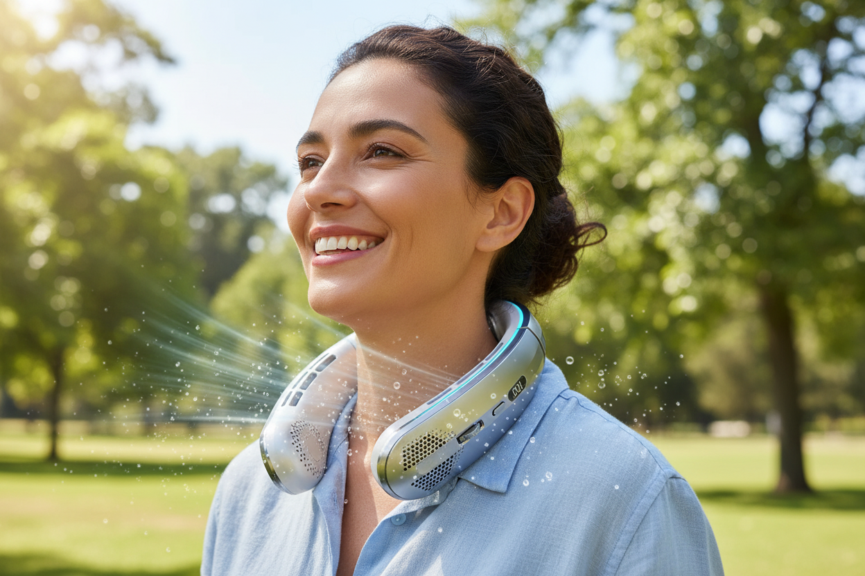 Person wearing a sleek white and silver bladeless neck fan outdoors on a sunny day